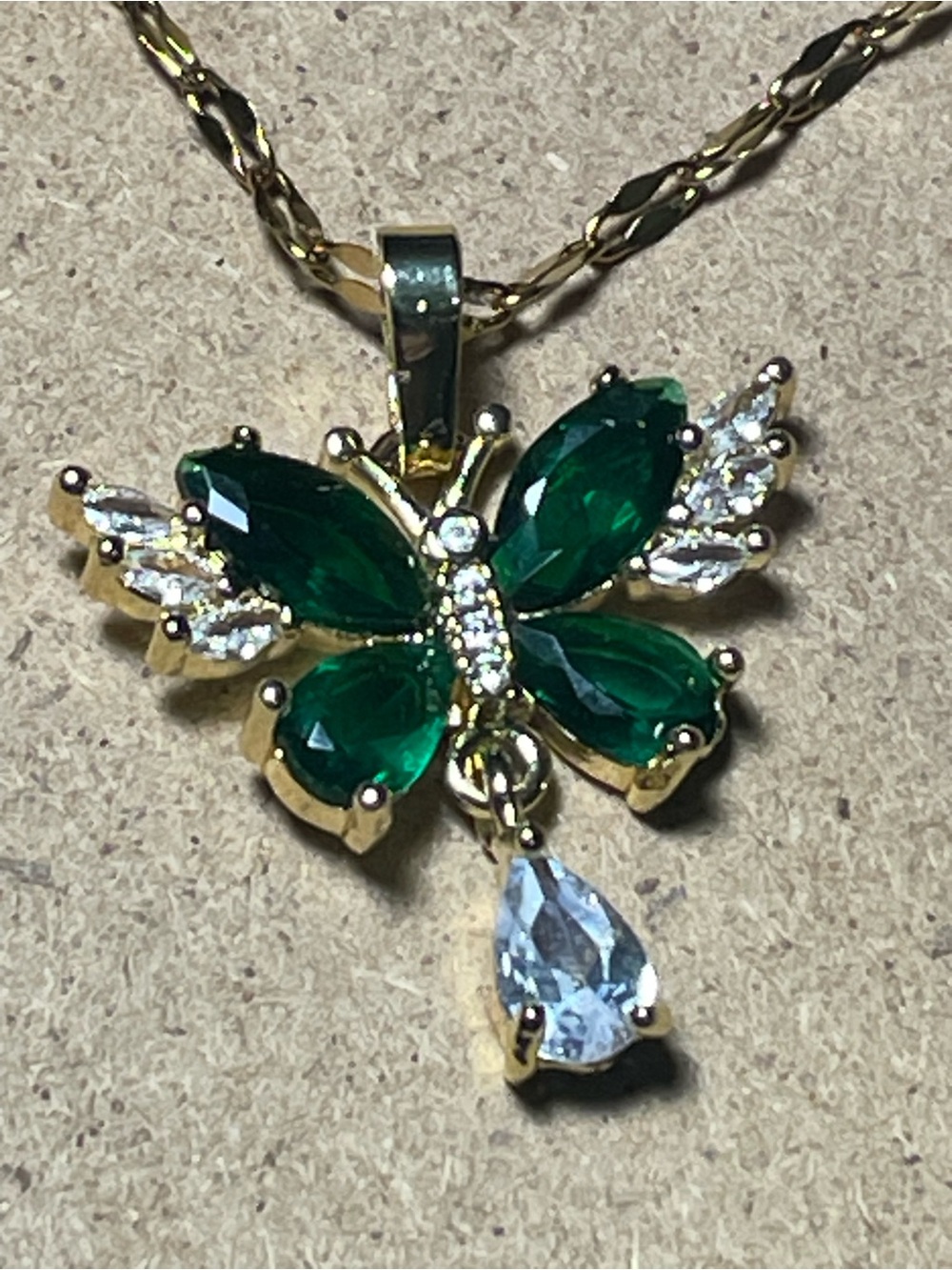 Swarovski Gold Butterfly Necklace with Emerald Green and Clear Stones